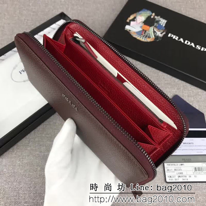 PRADA普拉達 專櫃最新爆款 十字紋牛皮 男士大號單拉鏈錢包 2ML317 DD1864